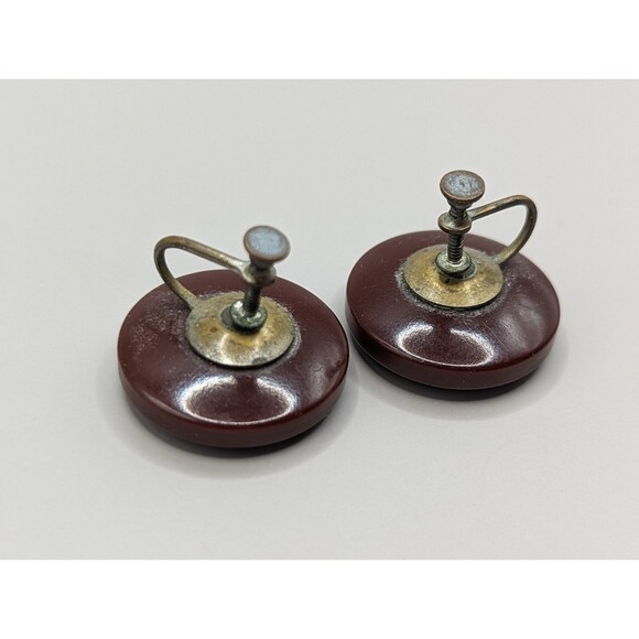 Vintage Round brown bakelite earrings - Picture 2 of 5
